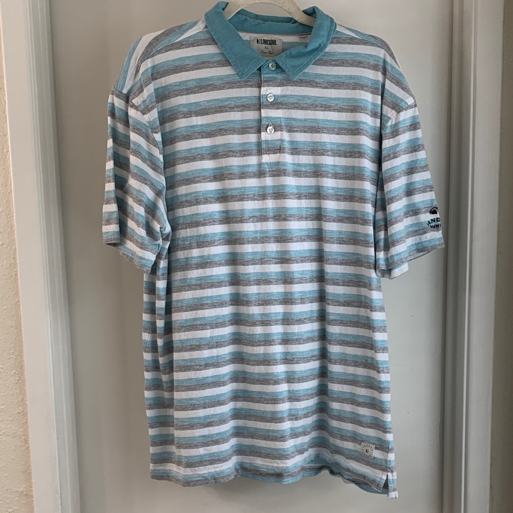 LinkSoul Men's Light Blue and White Striped Polo Golf Shirt Tempus Fugit Size XL